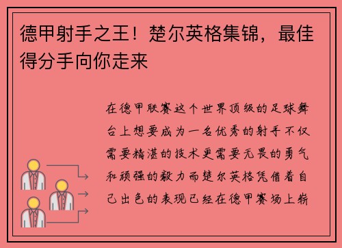 德甲射手之王！楚尔英格集锦，最佳得分手向你走来