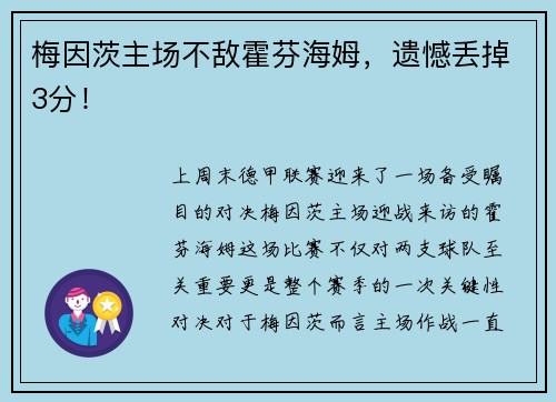 梅因茨主场不敌霍芬海姆，遗憾丢掉3分！