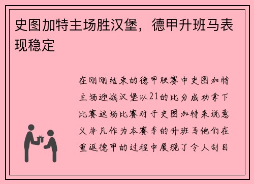 史图加特主场胜汉堡，德甲升班马表现稳定